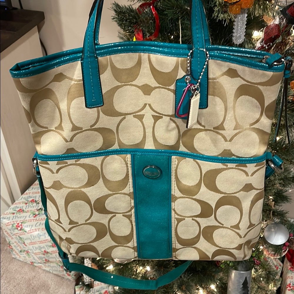 Coach Signature Tote Bag - Beige and Teal